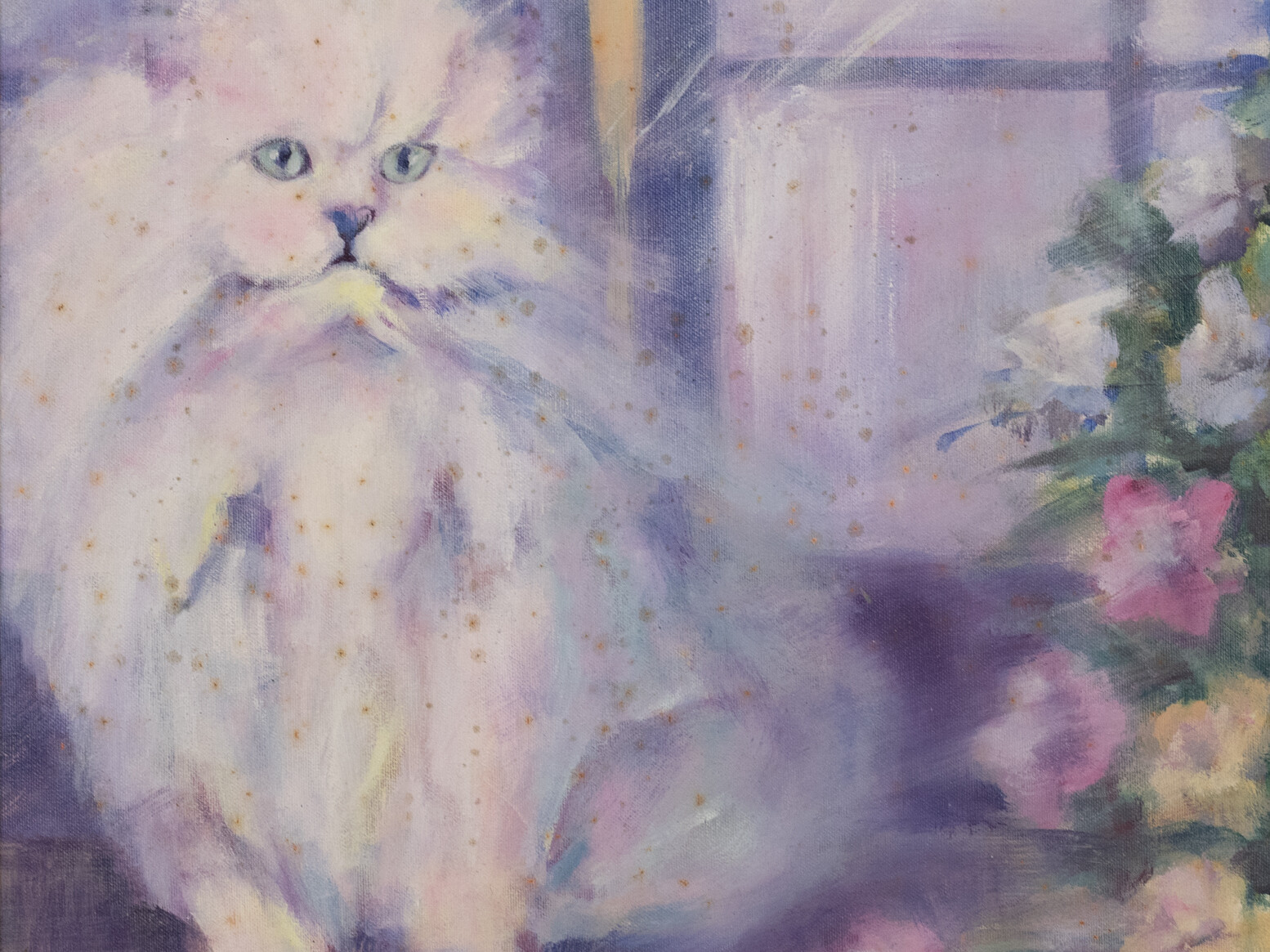 Gato blanco y flores. Soledad Martel
