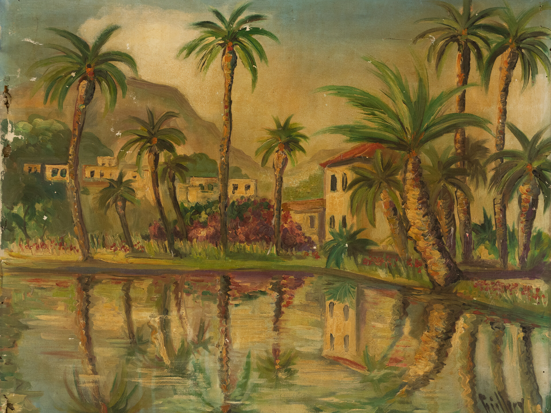 Paisaje con palmeras y casas. Firllery