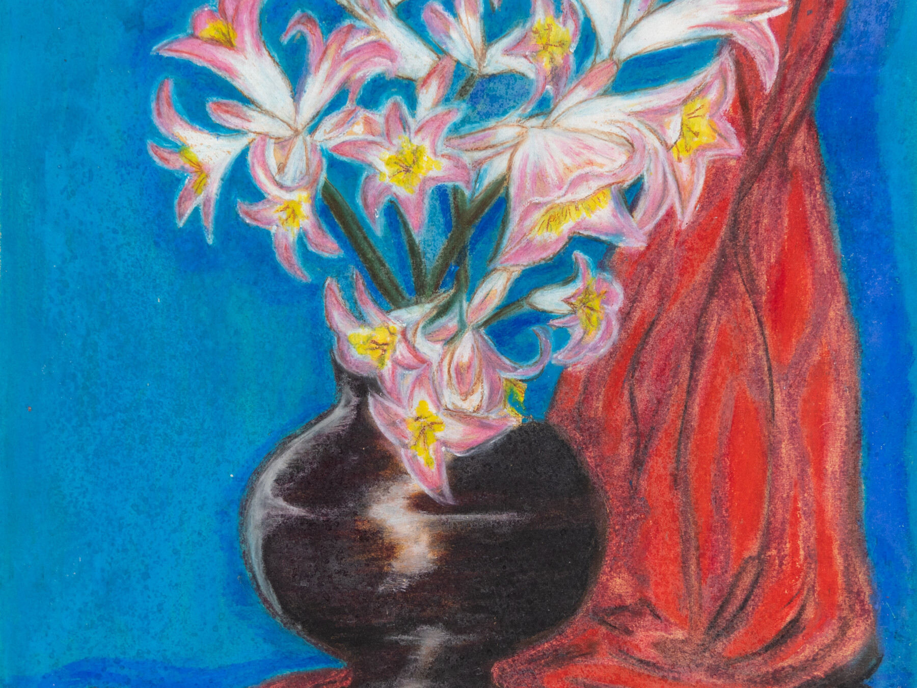 Bodegón con flores y paño rojo. Inmaculada Gascón González