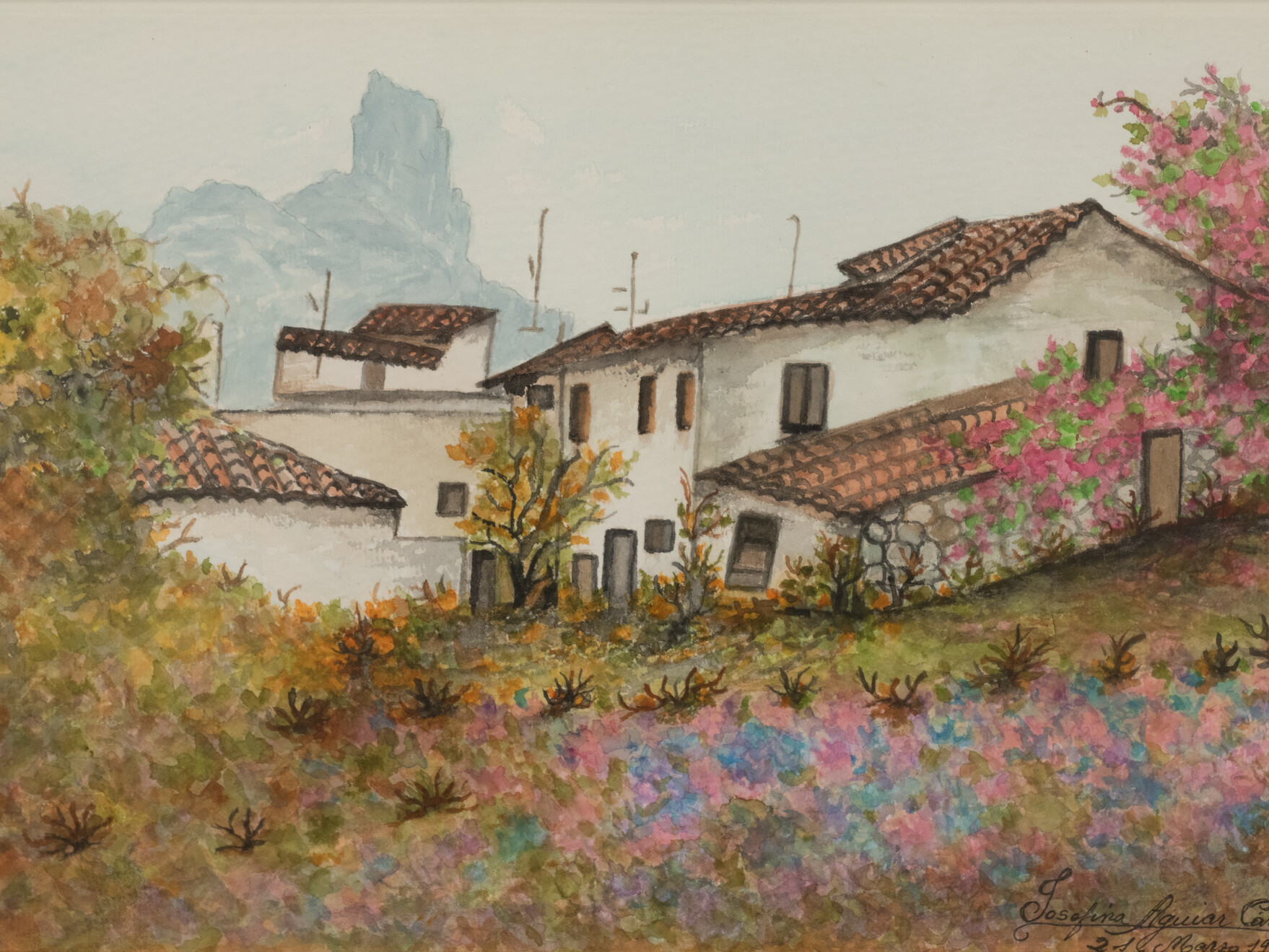 Caserío canario primaveral. Roque Bentayga. Pueblo de Tejeda. Josefina Aguiar Cárdenes
